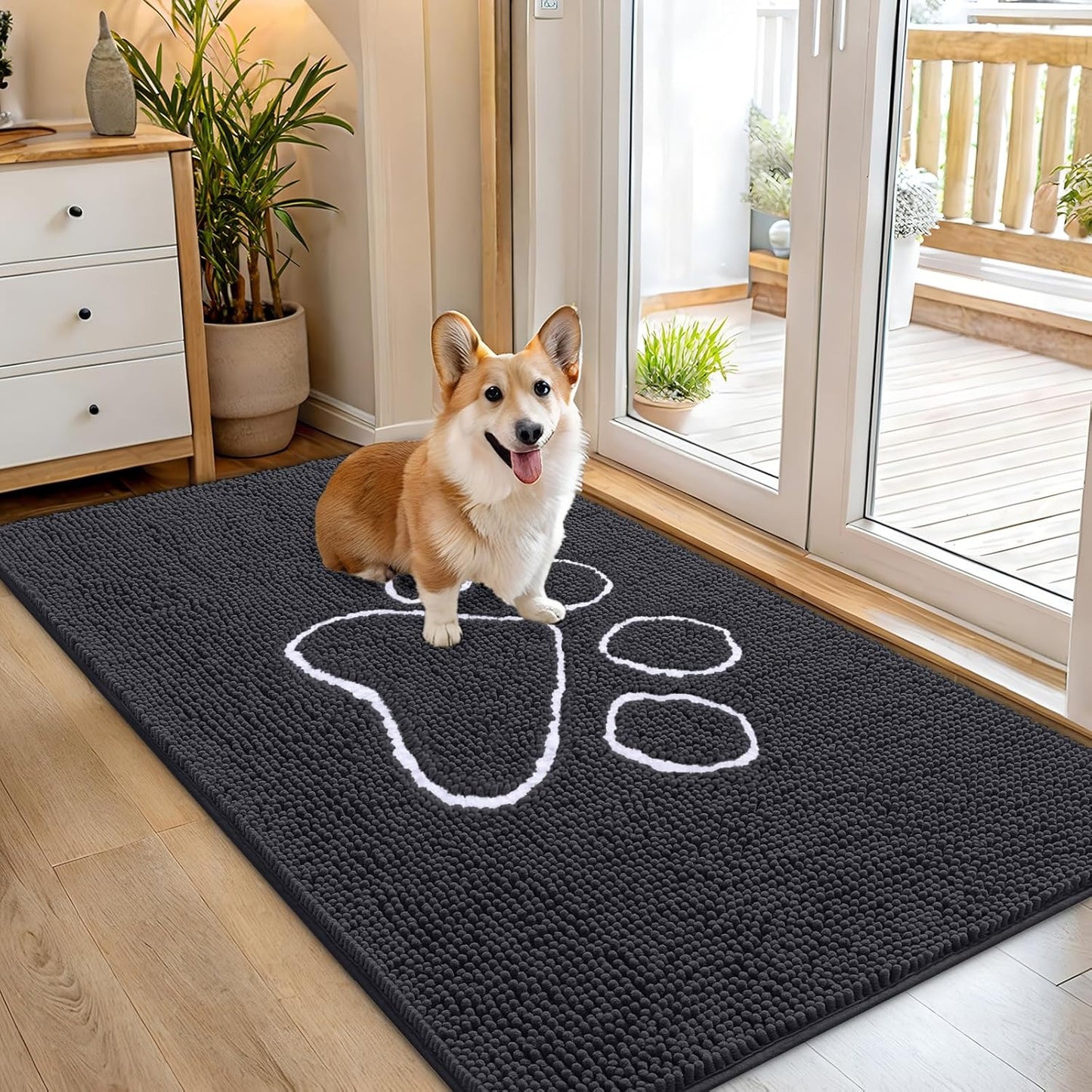 OLANLY Dog Door Mat - Absorbent Non-Slip Mud Mat for Muddy Paws | 54x32 Dark Grey Chenille Doormat