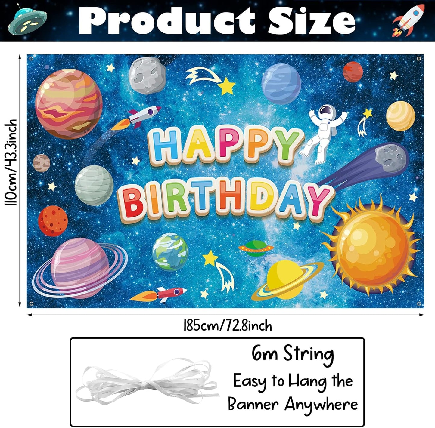 Space Happy Birthday Backdrop Banner - Large Blue Astronaut Decorations for Kids' Galaxy Theme Party