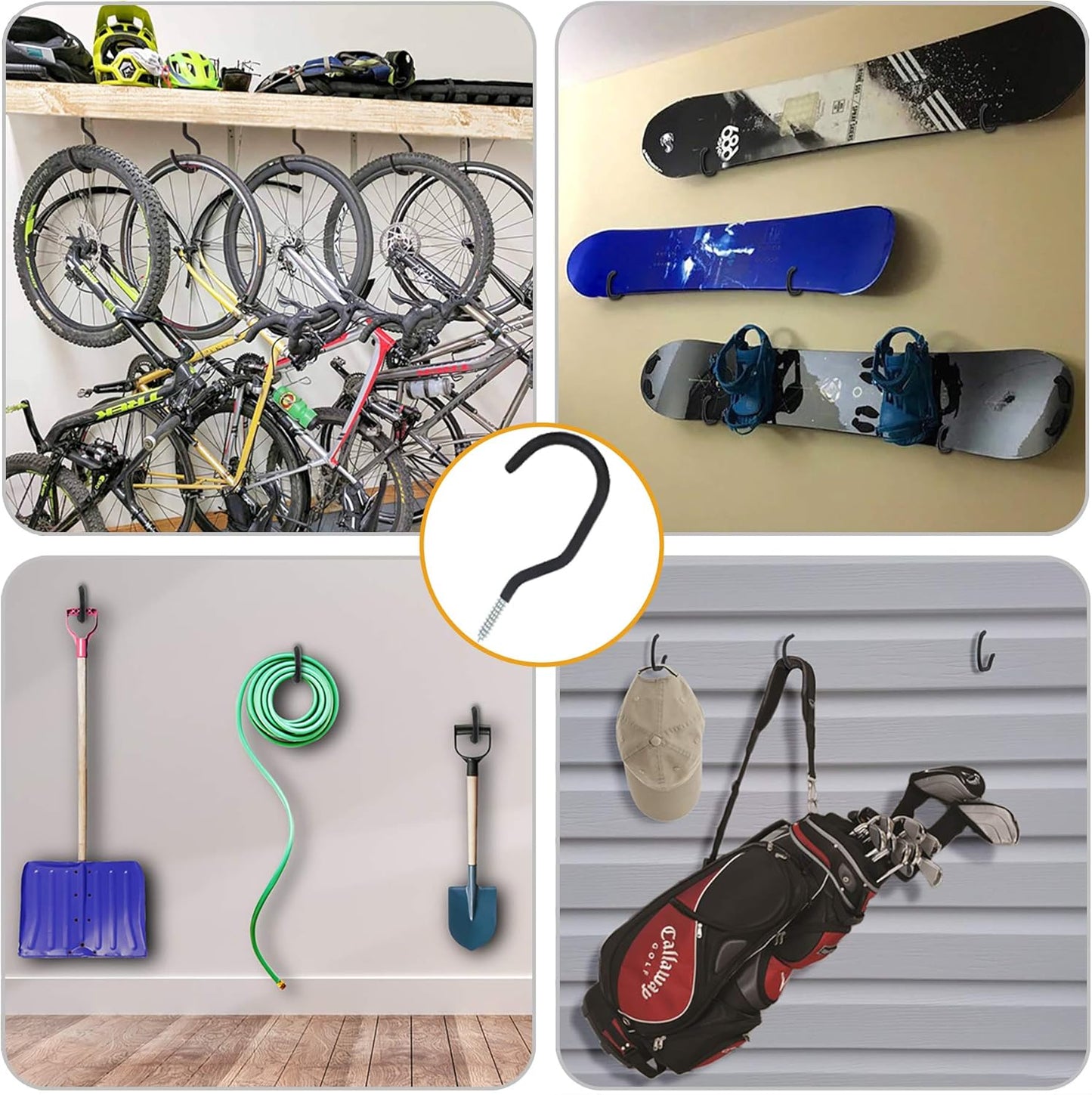 KURUI Heavy Duty Screw-In Hooks - 12 Pack Bicycle Storage Hooks for Garage & Ceiling | Large Black Plant Hooks