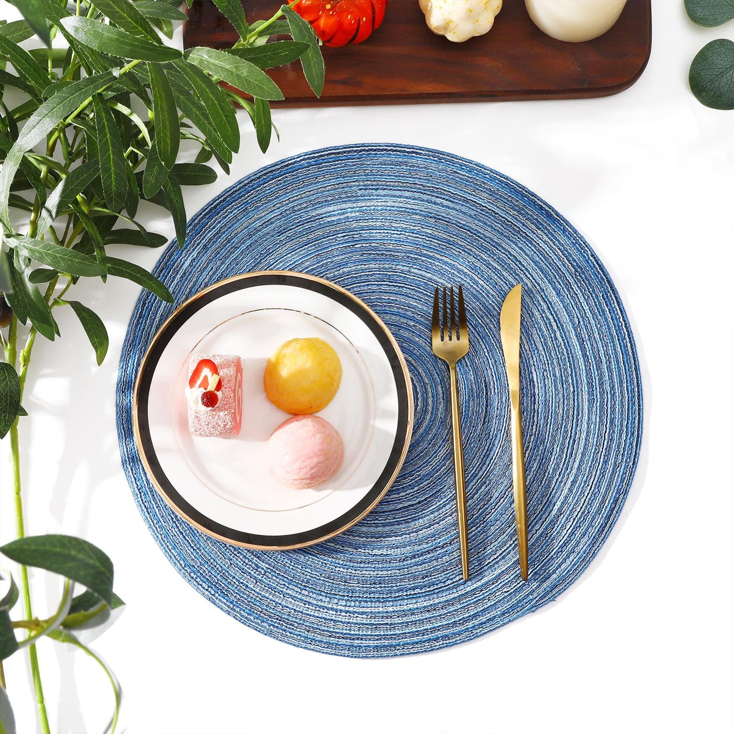 SHACOS Round Braided Placemats Set of 4 Dining Table Placemats 15 inch Circle Place Mats Easy to Clean Table Mats Indoor Outdoor, Blue Gray