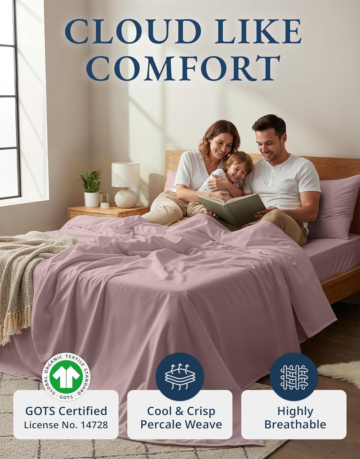 LANE LINEN 100% Organic Cotton Cal King Bed Sheets - Luxury Soft Percale, Oeko-Tex Certified, Lilac Color