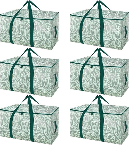 BALEINE 6-Pack Heavy-Duty Oversized Moving Bags - Reinforced Handles for Clothes & Storage (Antique Foliage)