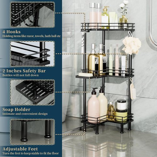Consumest 3-Tier Corner Shower Caddy - Stainless Steel Organizer with Soap Holder & 4 Hooks | Large Capacity, Black