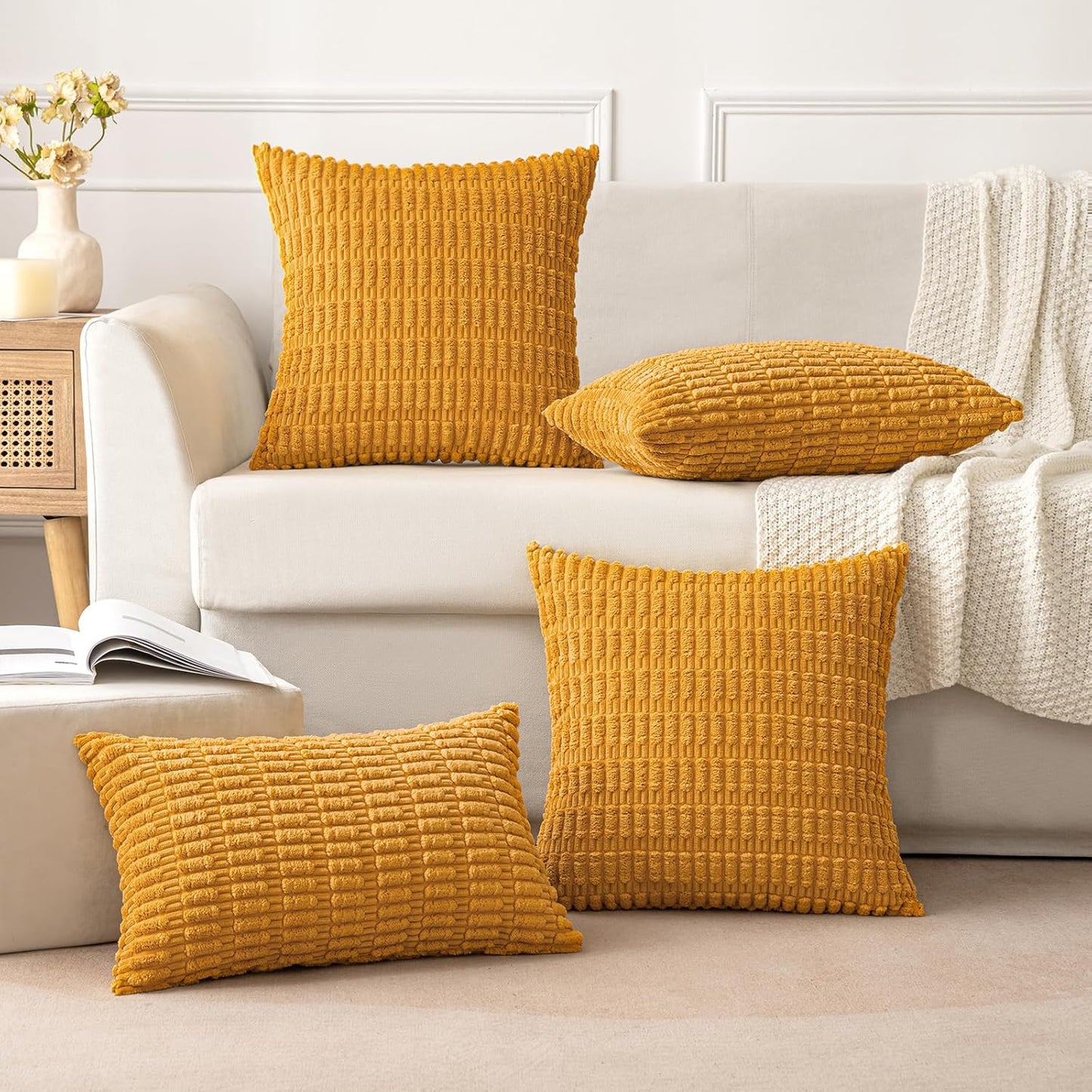 MIULEE Corduroy Throw Pillow Covers - Soft Boho Striped Design | 16x16 Inch for Modern Farmhouse Decor - Gold Yellow
