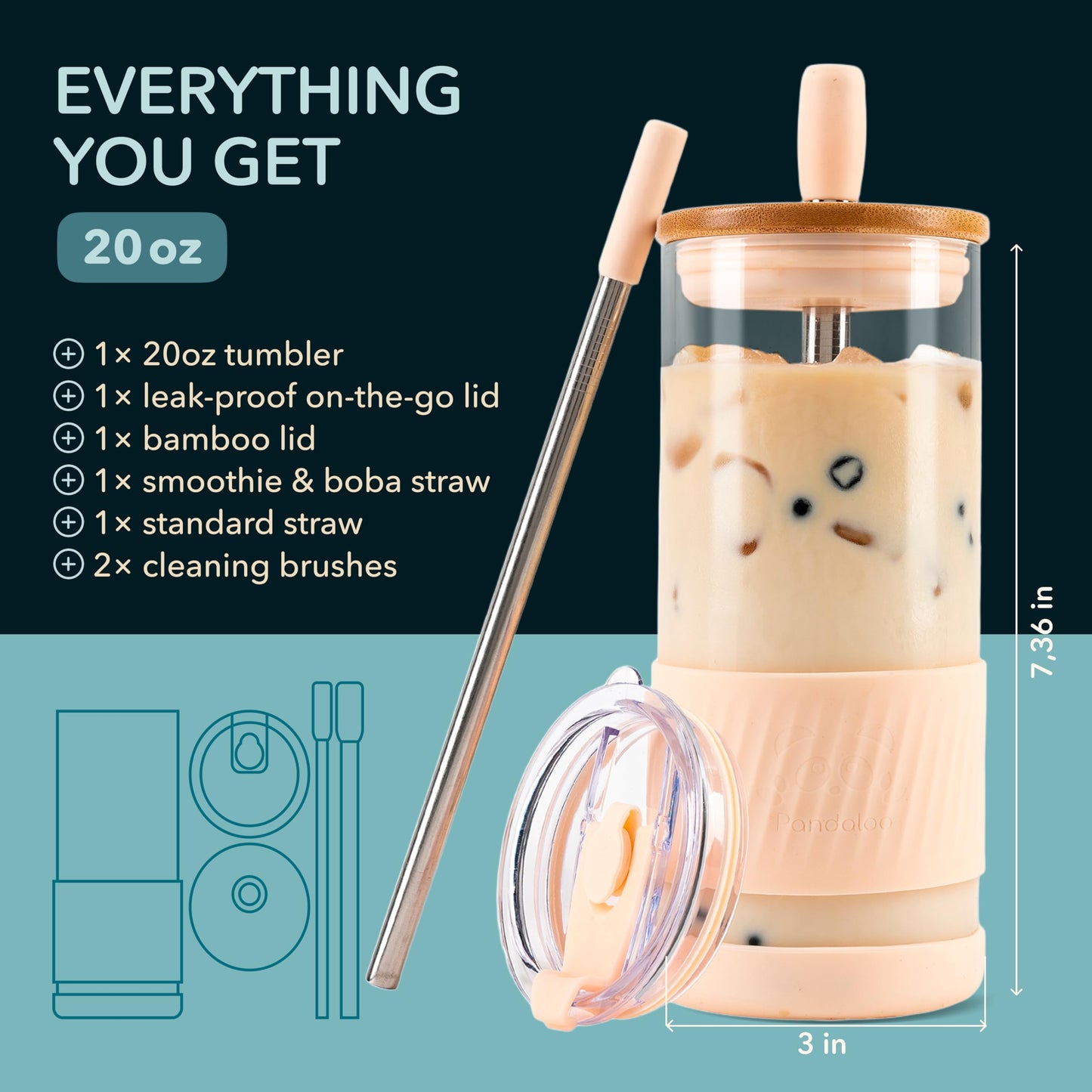 Pandaloo® Glass Cups With Lids and Straws -20 Fl Oz- Perfect Size Iced Coffee Cup - Smoothie Cup With Bamboo Lid and On the go Lid - Glass Tumbler With Straw (1 Count (Pack of 1), Vanilla Cream)