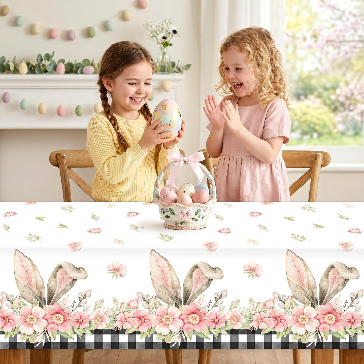 Vanulus 3PCS Spring Bunny Buffalo Plaid Tablecloth Disposable Waterproof Rectangular Bunny Ear Foot Flower Easter Plastic Table Cloth for Happy Easter Party Decorations Supplies 54x108 inch