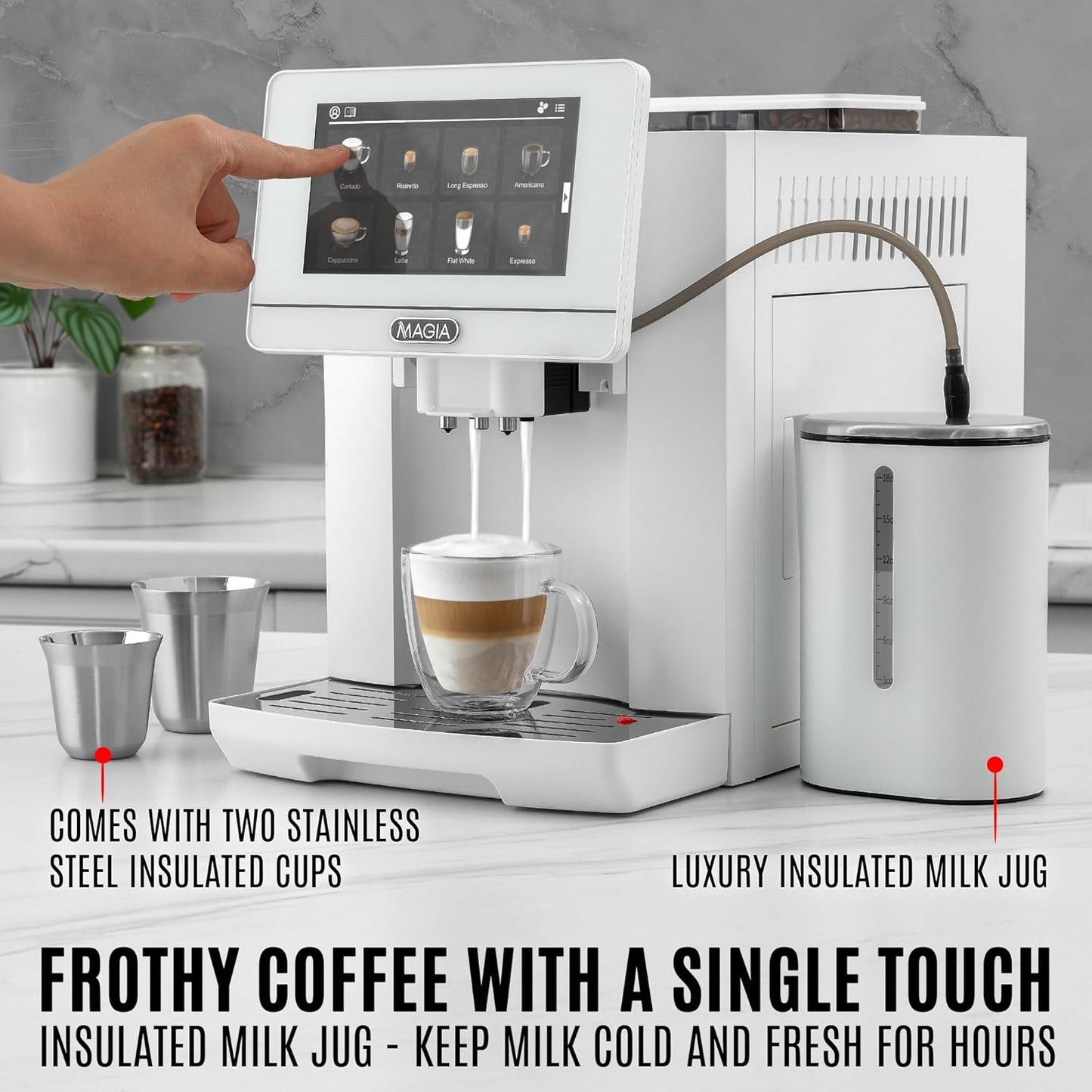 Zulay Magia Espresso Machine With Grinder - 19 Customizable Coffee Options | Includes Insulated Milk Container & Deluxe Cups - Auto-Cleaning - OG White