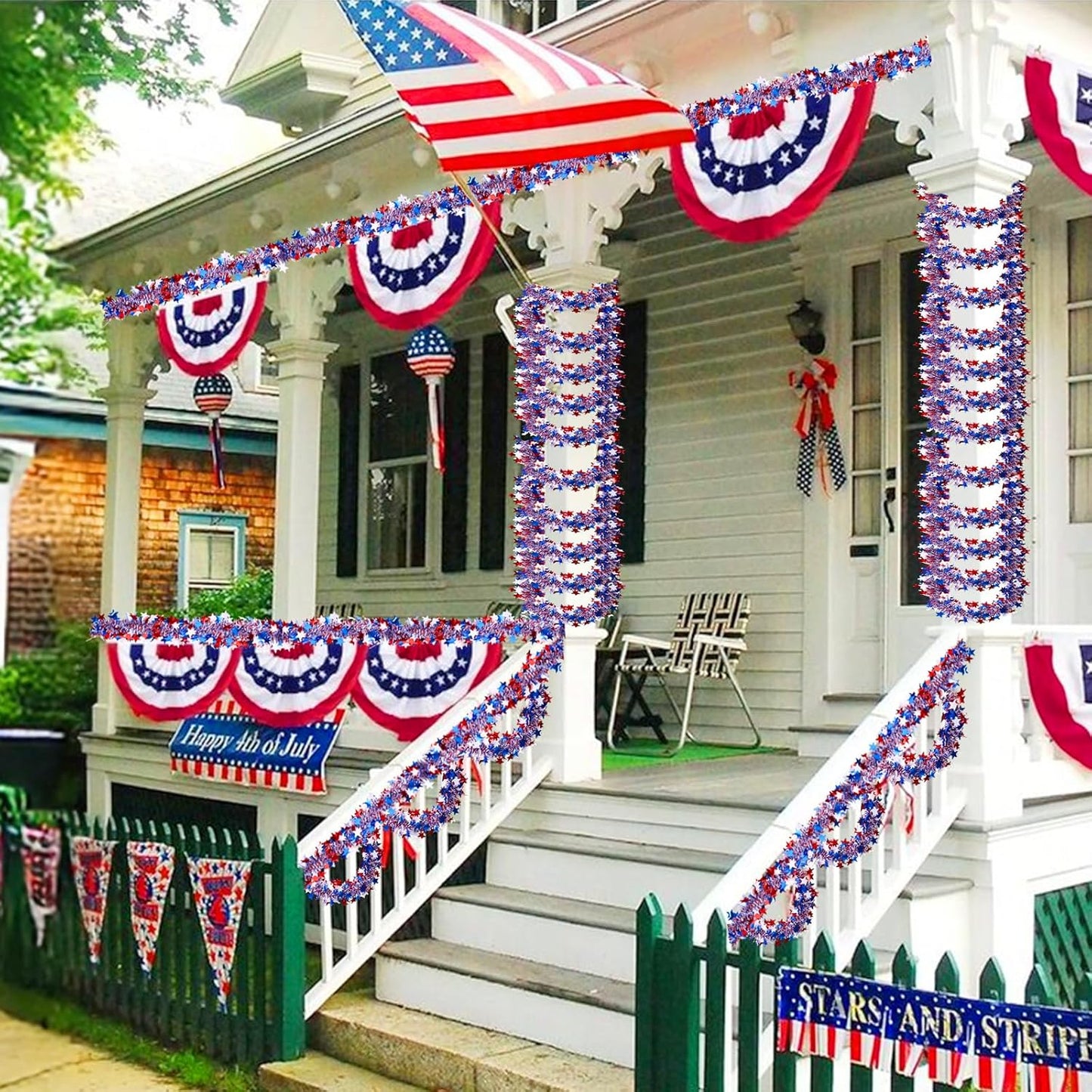 Skiennix 50Ft 4th of July Garland - Glitter Tinsel Patriotic Decor for Indoor/Outdoor Celebrations