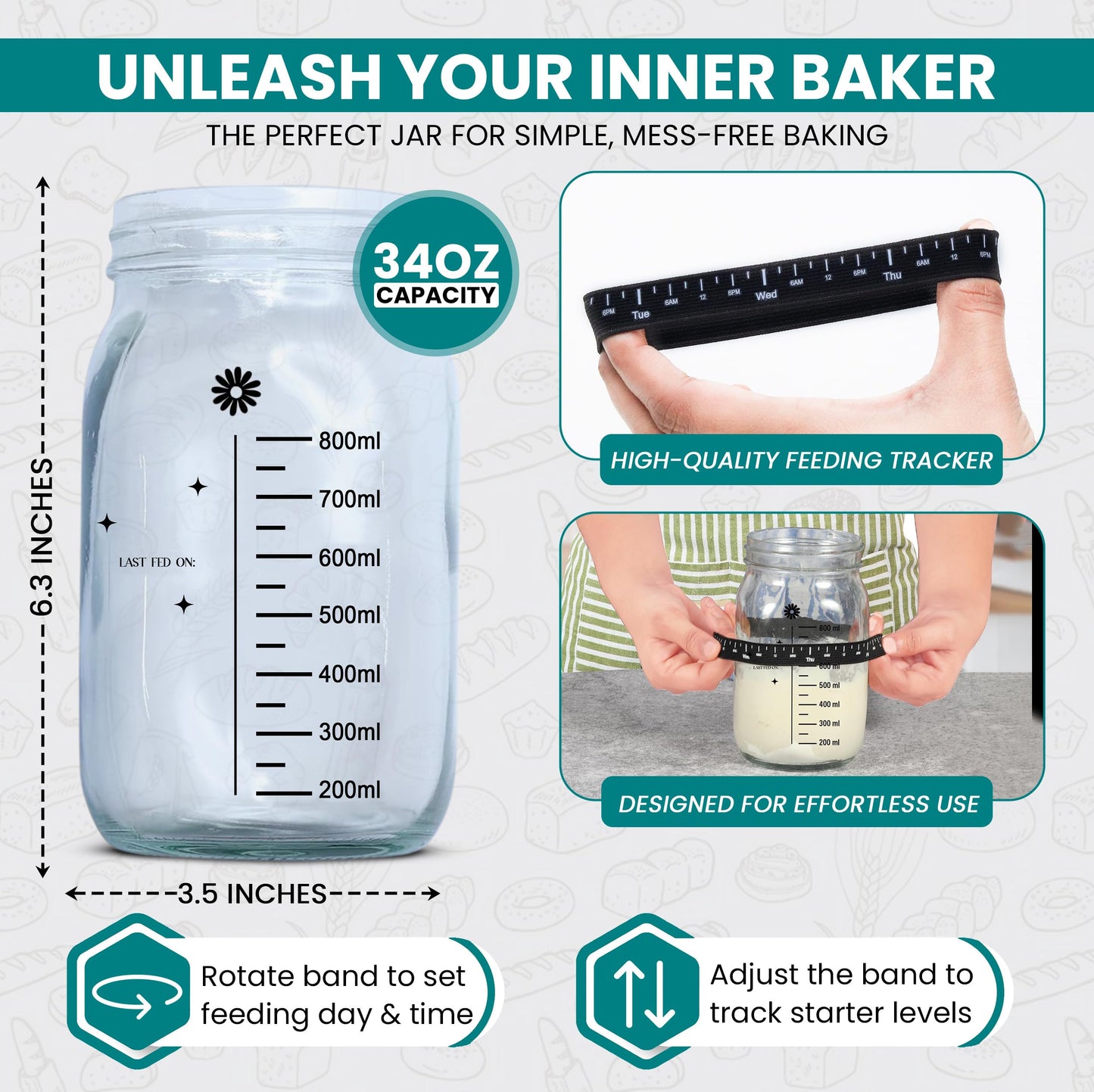 Lina e Mama 34 Oz Sourdough Starter Jar | Sourdough Starter Kit | Wide Mouth Sour Dough Kit with a Wooden & Aluminum Lid, Spatula, and Funnel | Sour Dough Jar for Beginners and Pros