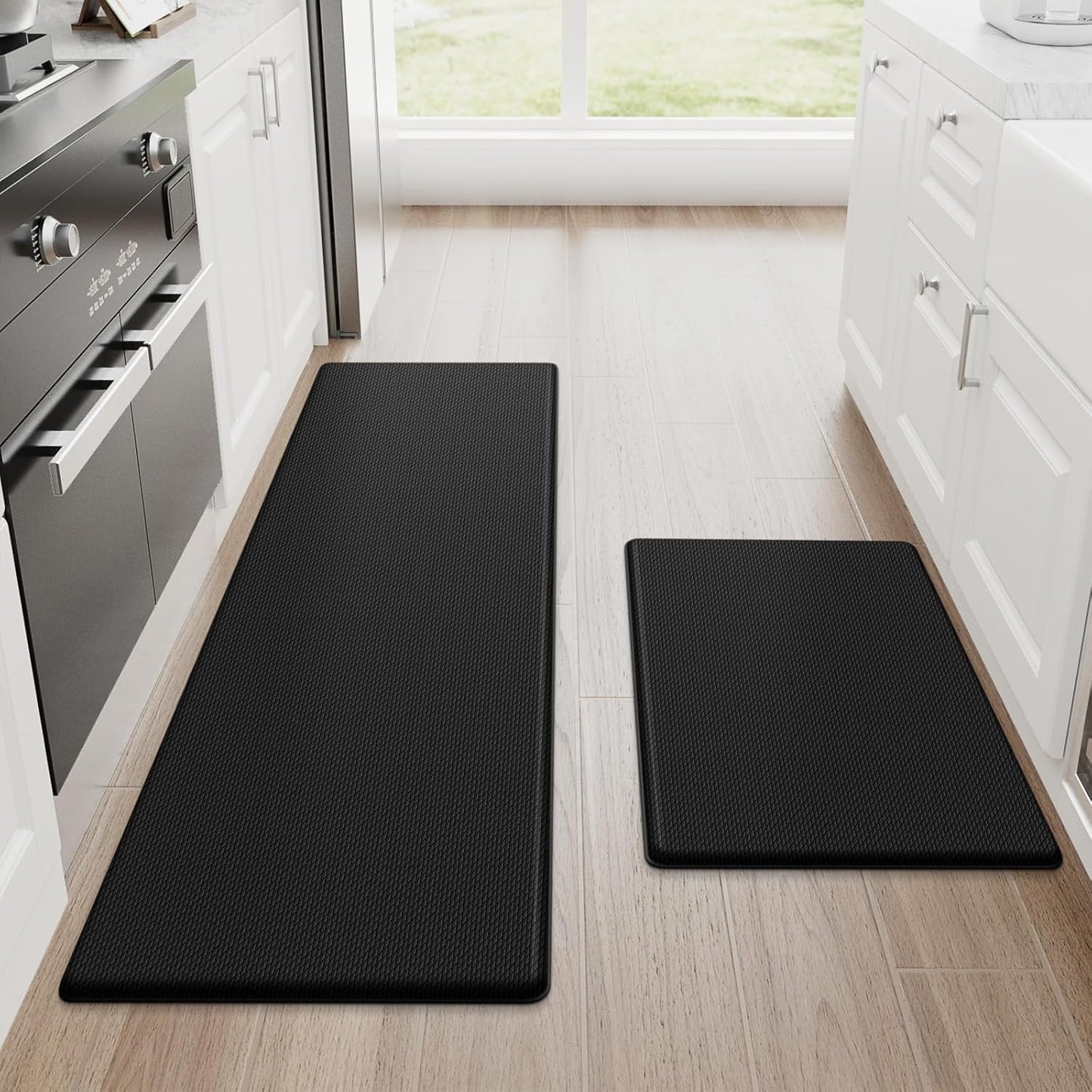 StepRite Kitchen Mats - Cushioned Anti-Fatigue Non-Slip Floor Mats | Waterproof Rug Set, 17.3"x30"+17.3"x47", Black