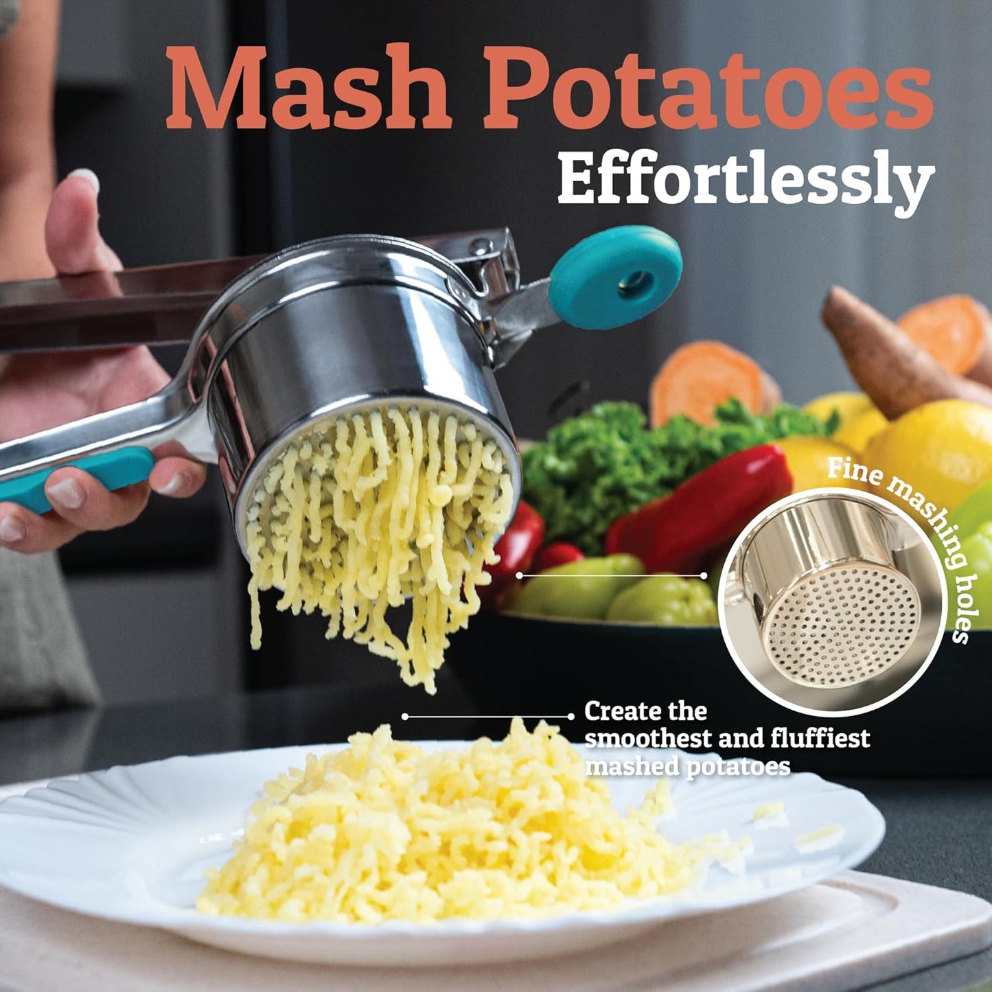 PriorityChef 15oz Potato Ricer - Heavy Duty Stainless Steel Masher for Perfect Mashed Potatoes | Silver & Turquoise