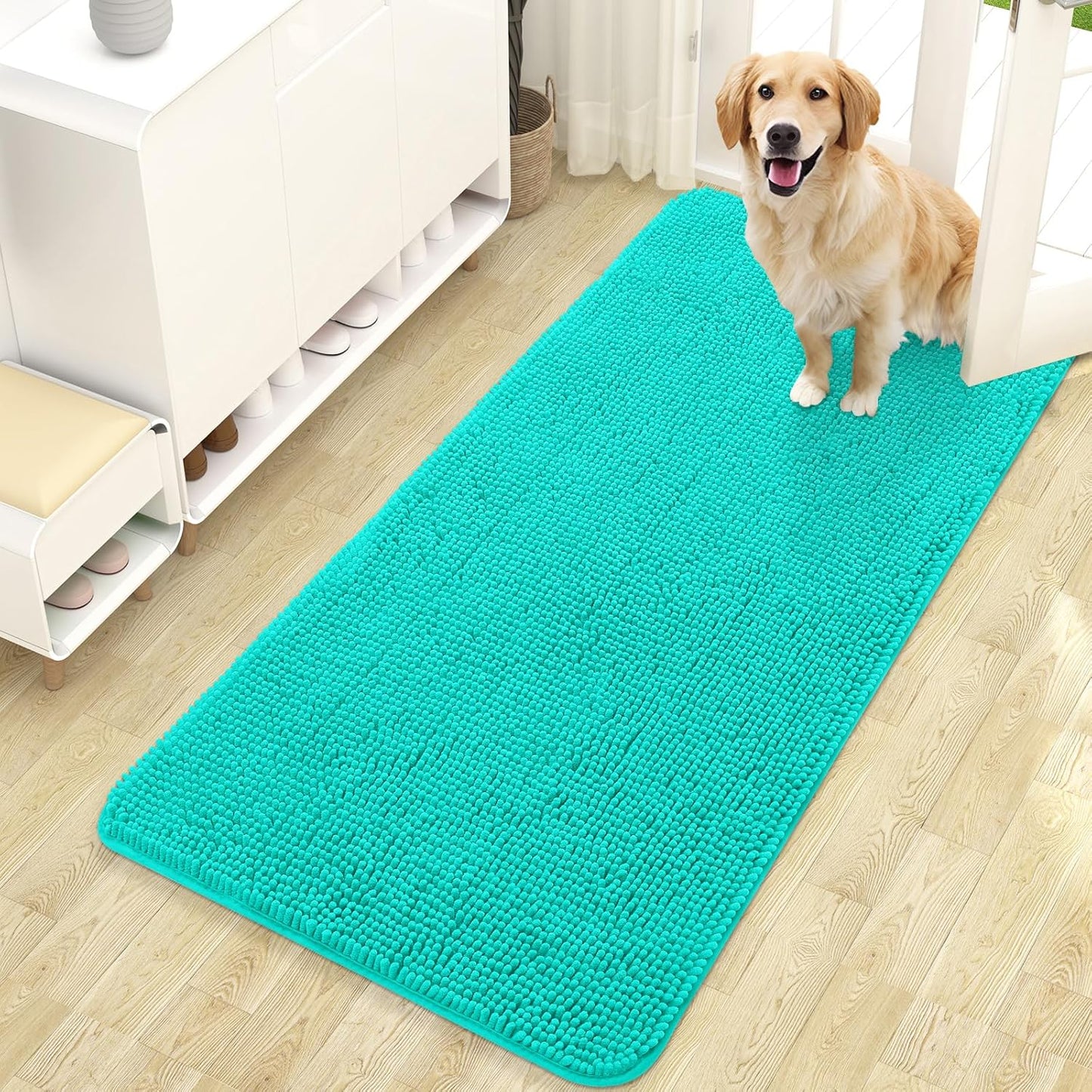 OLANLY Dog Door Mat - Absorbent Non-Slip Washable Doormat for Muddy Paws | 47x24 Teal Indoor Carpet