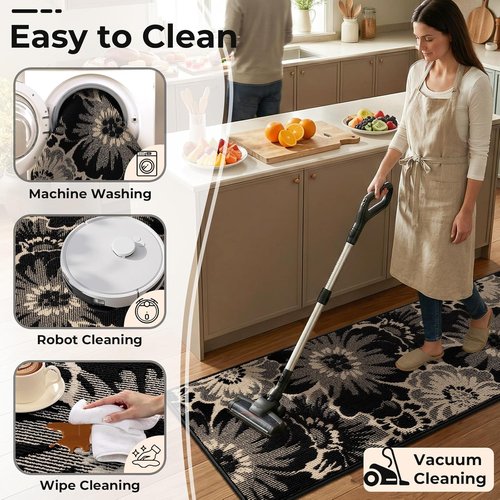 Findosom Hallway Runner Rug - Non-Slip High-Low Textured Floral Design | Washable 2x8 Boho Carpet in Black & Beige