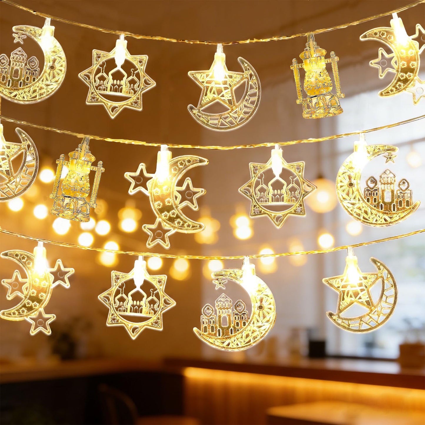 Moon Star String Lights 10FT 20 LED Star Fairy Lights Ramadan Lights with Battery & USB Powered 2 Lighting Modes Waterproof Eid Mubarak lights for Ramadan Decorations Christmas New Year Wedding Party