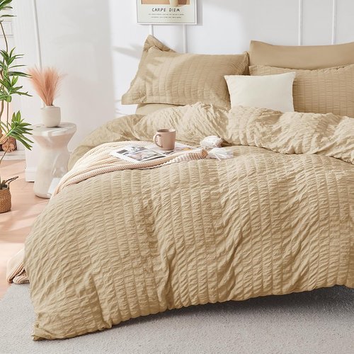HYMOKEGE Comforter Set - Luxury 7-Piece All-Season Bedding in Khaki | Seersucker Design with Sheets & Pillowcases