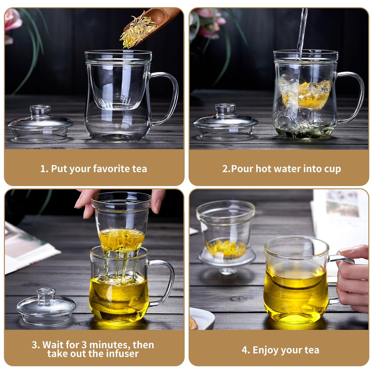 DOPUDO Glass Tea Cup with Infuser and Lid, 12oz/350ml Large Borosilicate Teacup, Clear Mug for Loose Leaf Tea, Birthday Gift for Tea Lover