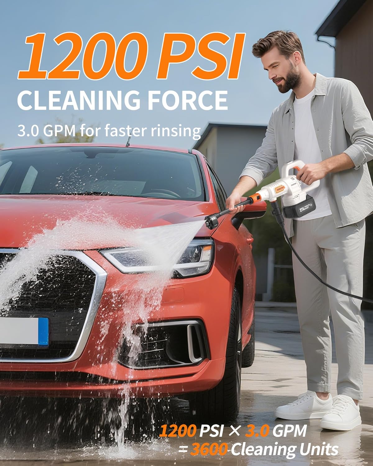 Portable Cordless Washer - 1200 PSI Battery Operated with Brushless Motor & 23FT Hose | Handheld for Car, Home, Patio