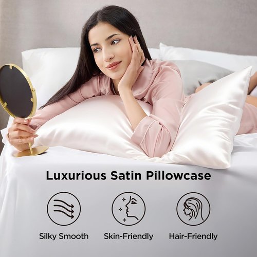 Bedsure Satin Pillowcase - Luxurious Silk-Like Comfort | Standard Size, Ivory, 20x26 Inches, 2-Pack