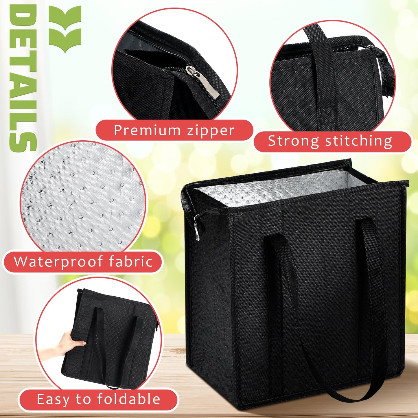 Paterr 4 Pcs Insulated Grocery Bags Insulated Cooler Tote Bag Reusable Collapsible Cooler Totes with Zipper Top for Shopping(Black)