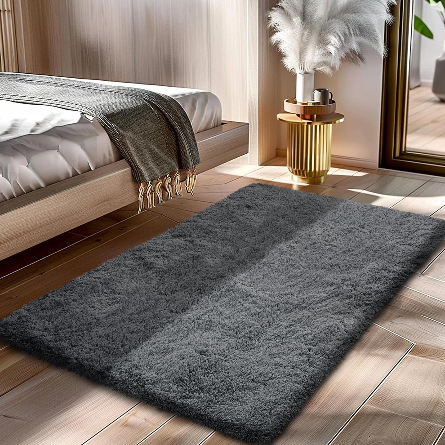 Skiennix Fluffy Shaggy Area Rug - Soft Grey 2x4 Bedroom & Living Room Decor