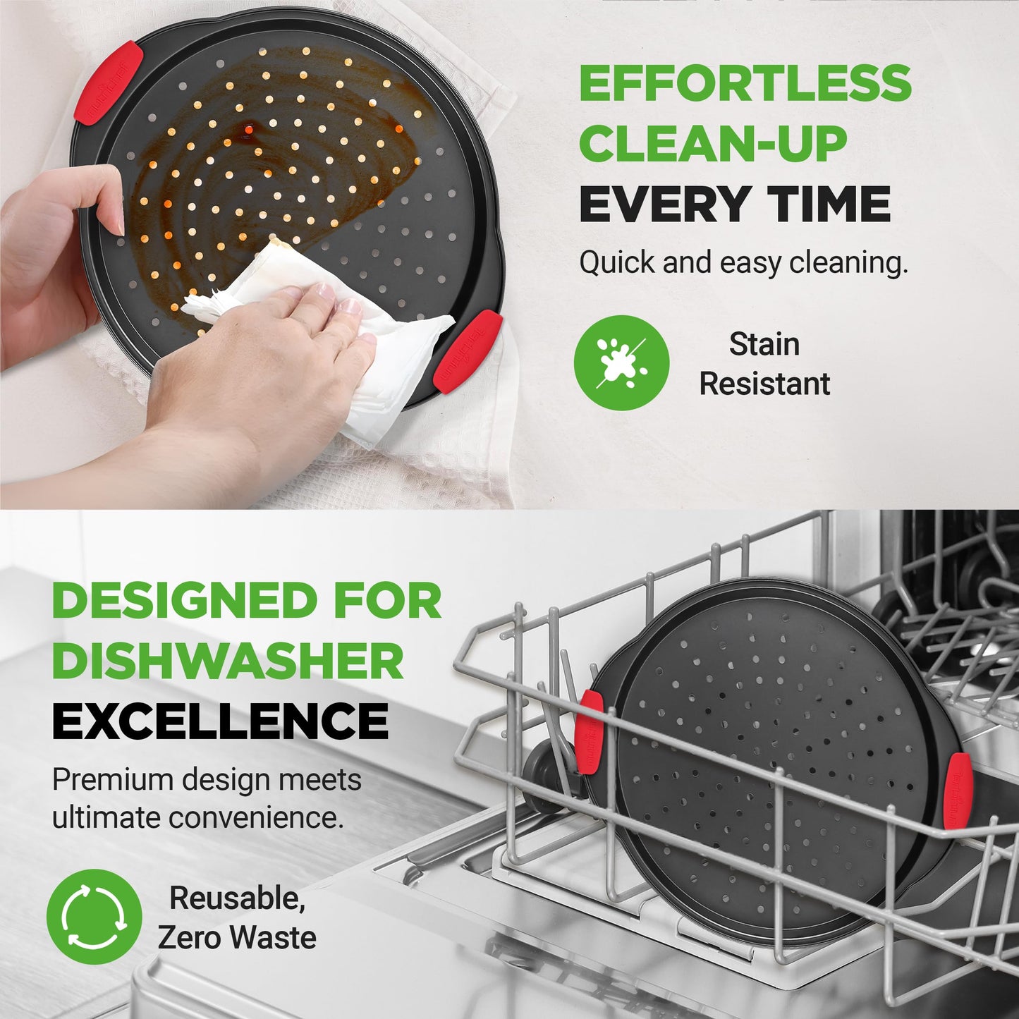 NutriChef 13-Inch Nonstick Pizza Tray - Round Carbon Steel Non-Stick Pizza Pan with Perforated Holes, Premium Bakeware Pizza Screen with Silicone Grip Handles, Dishwasher Safe - NCBPIZ1