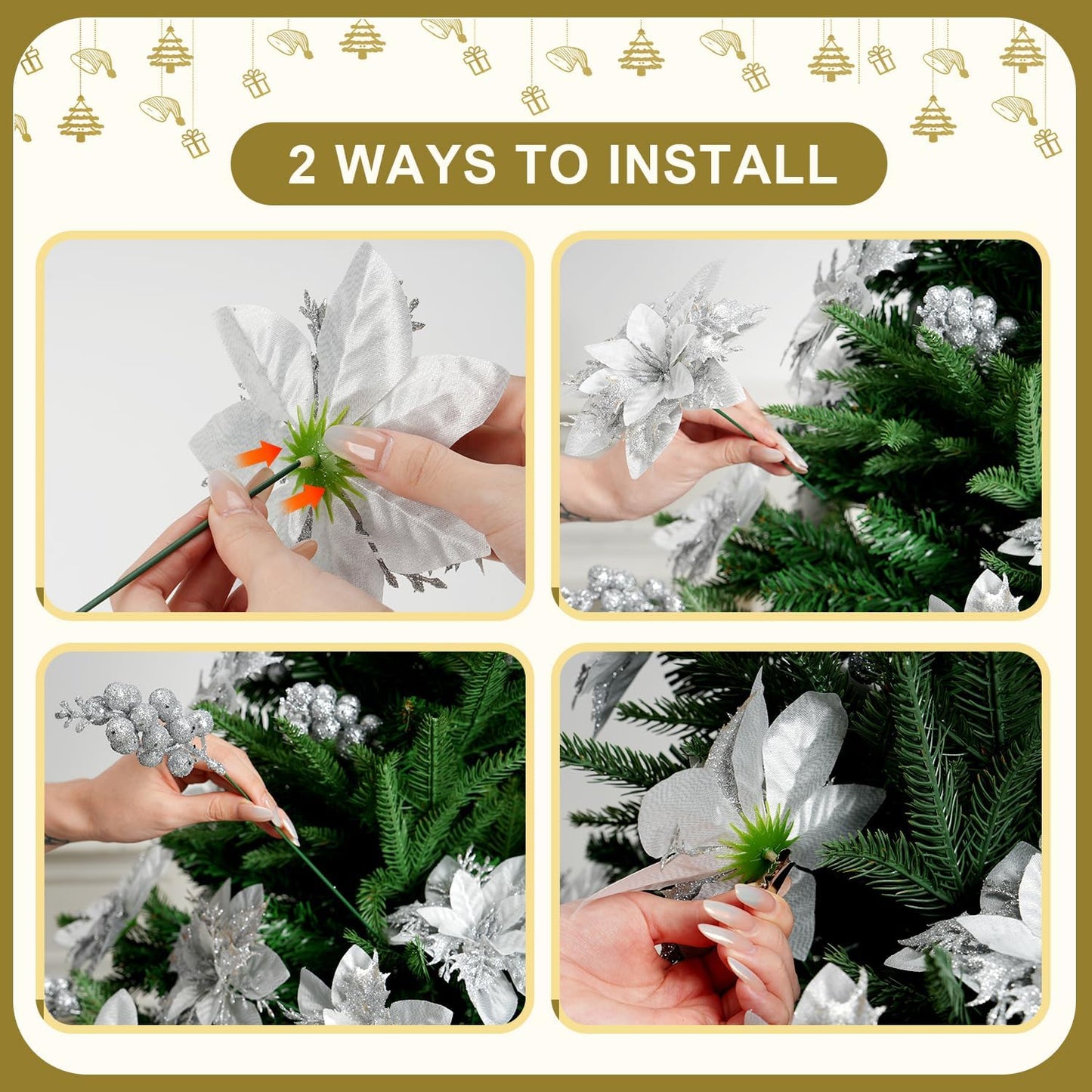 Trytuny Glitter Poinsettia Christmas Ornaments - 50pcs Artificial Flowers with Clips for DIY Wreaths | Silver