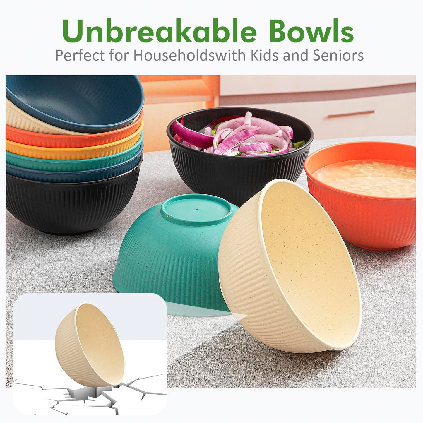 LIANGKEN 12-Pack of 24 oz Unbreakable Cereal Bowls, Reusable Plastic Lightweight Bowls, Made from Wheat Straw Fiber, Ideal for Salads, Soups, Ramen, Noodles, and Oatmeal