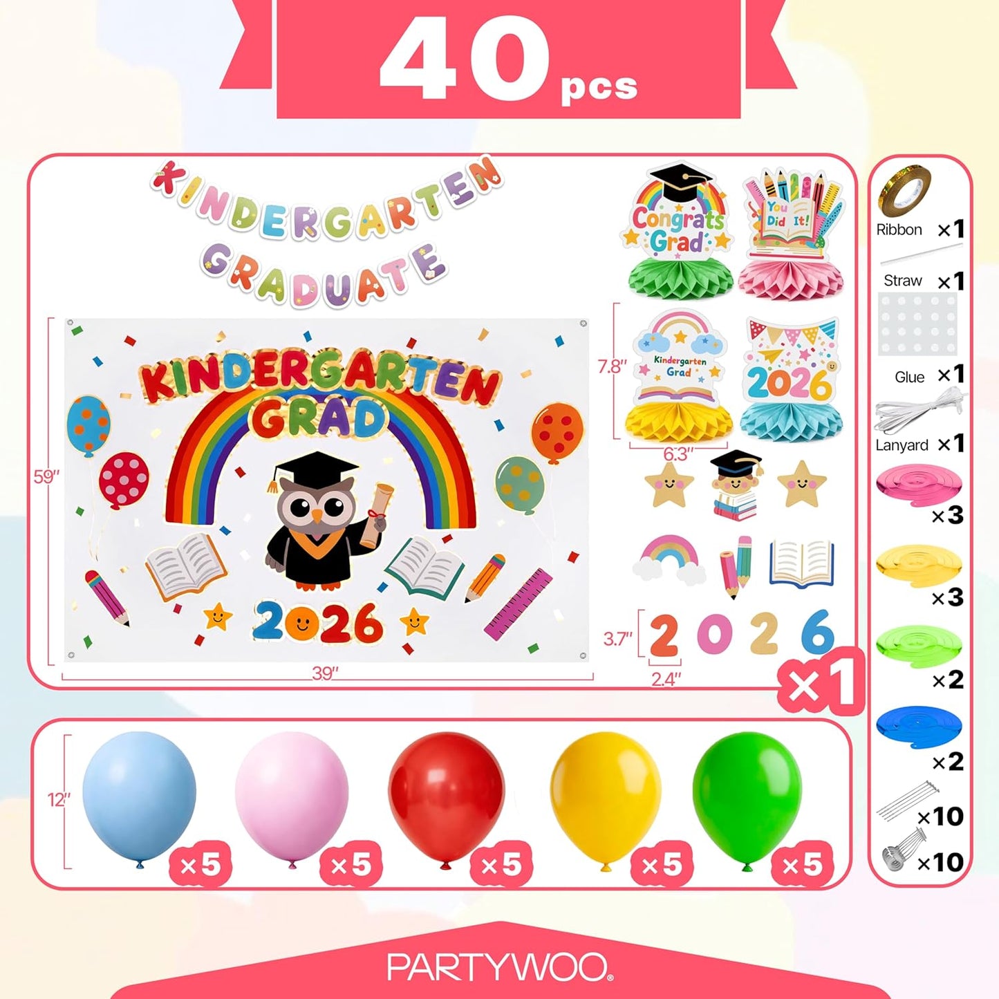 PartyWoo Graduation Decorations - 40pcs Colorful Rainbow Grad Party Supplies | Congrats Grad Banner & Balloons