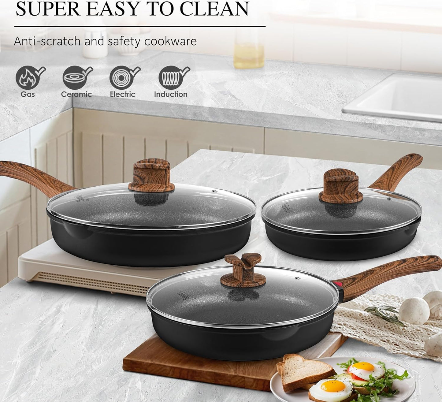 Vinchef 8" Non-Stick Frying Pan - Induction-Ready Skillet with Lid | Non-Toxic Cookware for All Stoves