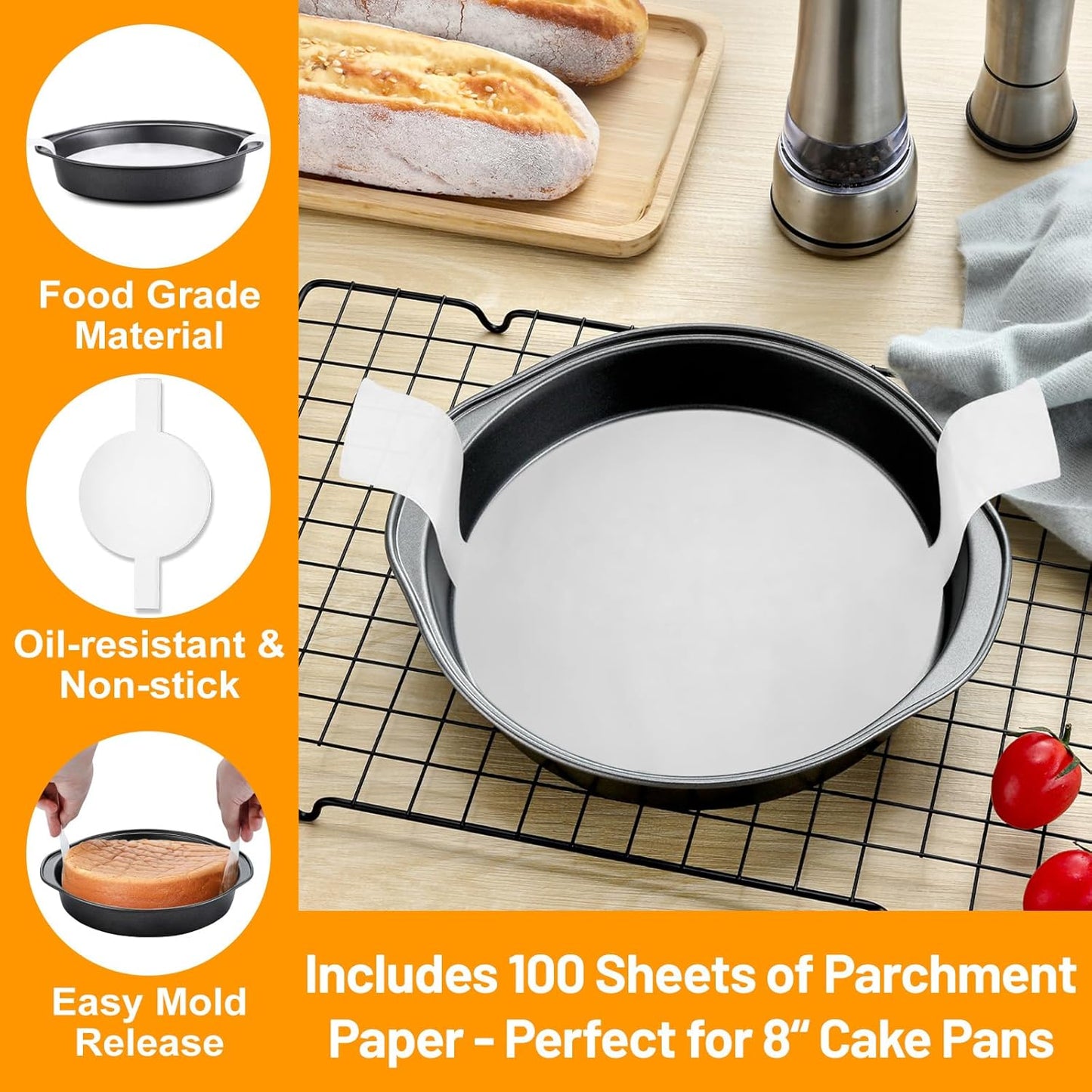 3PCS Skiennix 8-Inch Carbon Steel Round Cake Pans - Non-Stick, Easy Demolding & 100 Parchment Papers