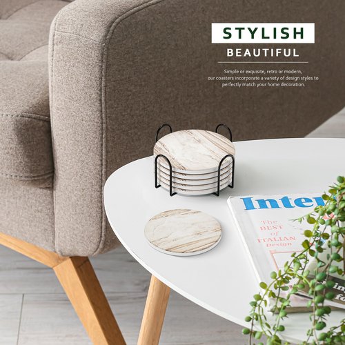 Coasters Set of 6 for Drinks, Beer, Coffee, Coasters for Drinks Absorbent Stone with Holder, Marble Style Ceramic Drink Coaster for Tabletop Protection and Home Decor, Suitable for Kinds of Cups