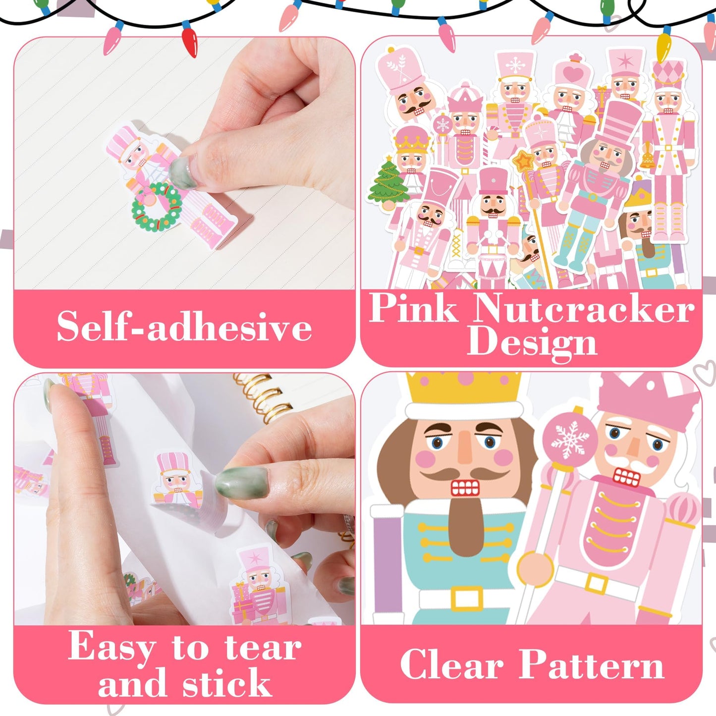 CNhoqc Christmas Nutcracker Sticker Roll - 1000 Pcs Pink Nutcracher Self-Adhesive Stickers, Water Bottles Book Luggage Decors for Kids Students Teens Adults, School Rewards Festival Gifts Party Favor
