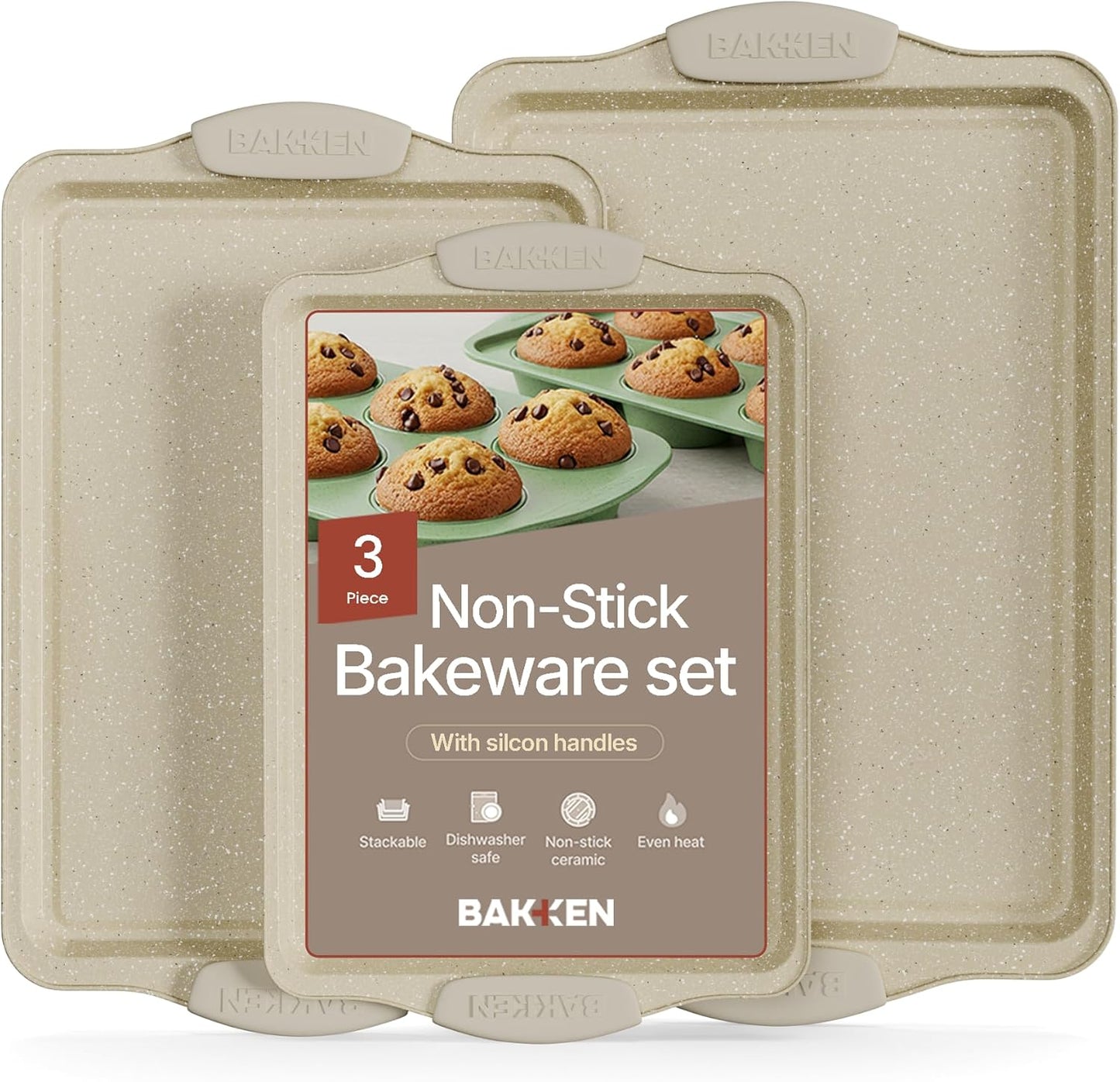 BAKKEN Nonstick Cookie Sheets Set - 3-Piece Stackable Carbon Steel Bakeware with Silicone Handles | White Marble