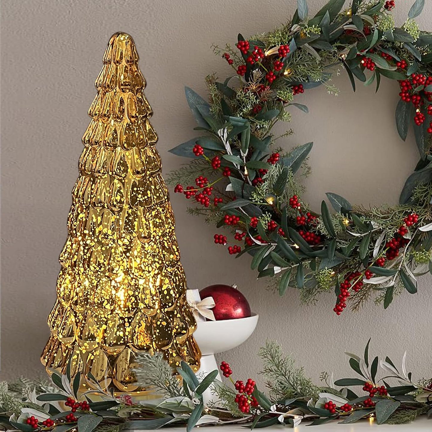 SHMILMH Gold Mercury Glass Christmas Tree Set - Battery Operated Tabletop Xmas Tree | 10" Decorative Centerpiece