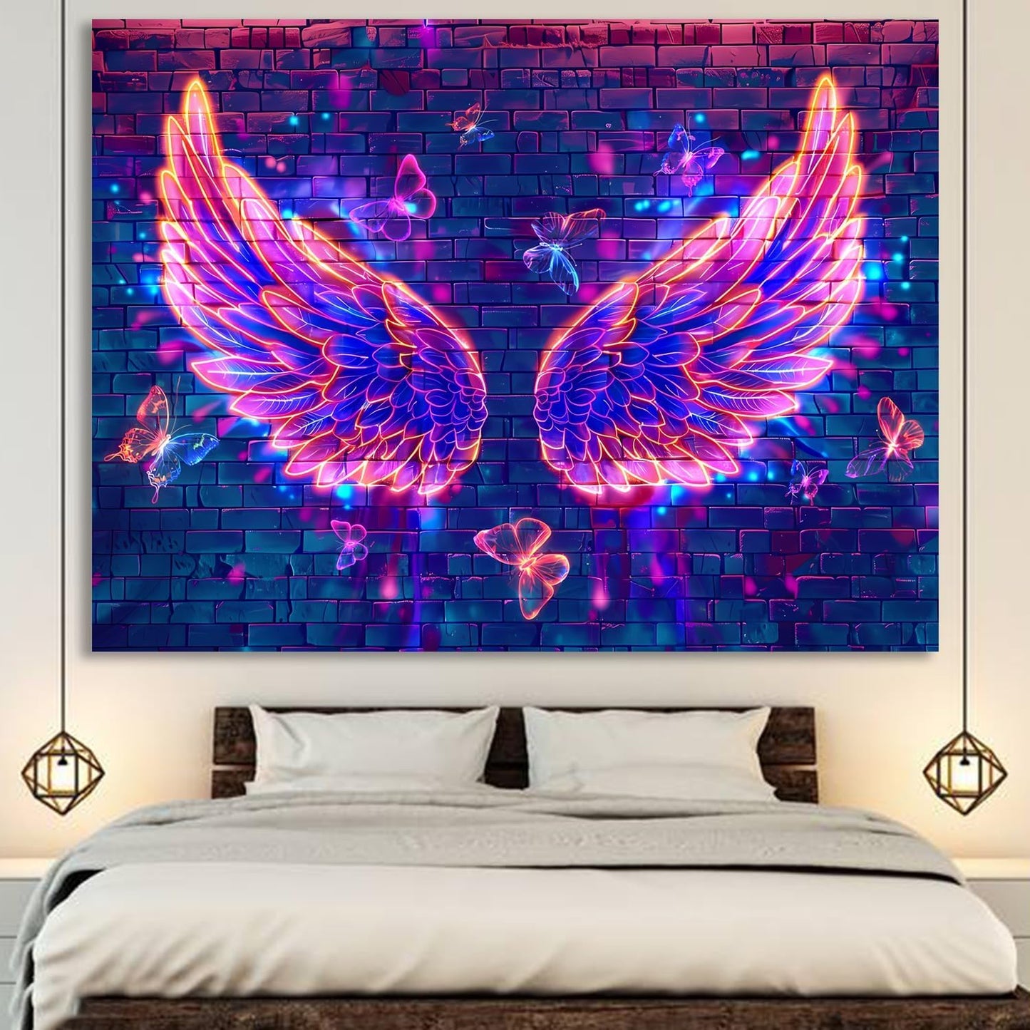 Manicer Blacklight Angel Wings Tapestry, UV Reactive Neon Wings Wall Hanging Tapestries, Fluorecent Butterfly Aesthetic Wall Art Decor for Bedroom, Living Room - 70.9" x 90.6"