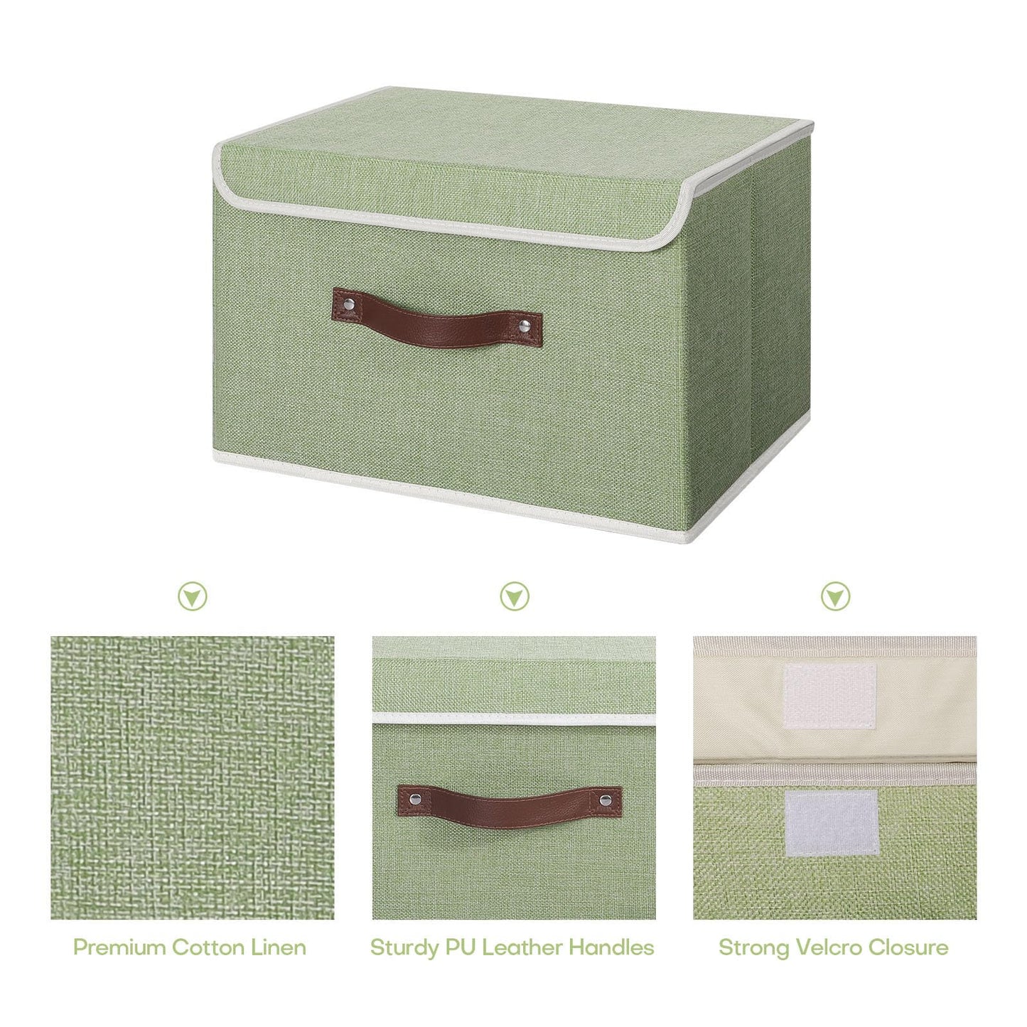 ANMINY 4PCS Storage Bins with Lid PU Leather Handles Storage Boxes PP Plastic Board Decorative Foldable Lidded Cotton Linen Fabric Home Cubes Baskets Closet Organizer Containers - Green, Large Size