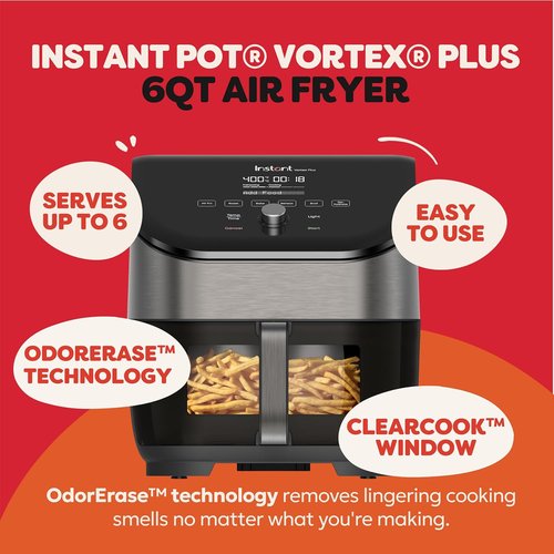 Instant Pot Vortex Plus 6QT Air Fryer - Odor Erase Technology & 6-in-1 Functions | 100+ Recipes, Black