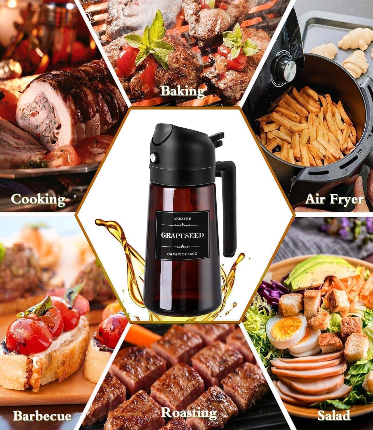 Arsatbs 16oz/470ml Olive Oil Sprayer for Cooking, 2 in 1 Oil Dispenser Bottle Spray and Pour with Stickers, Premium Dark Brown Glass Oil Bottle for Air Fryer and Salad