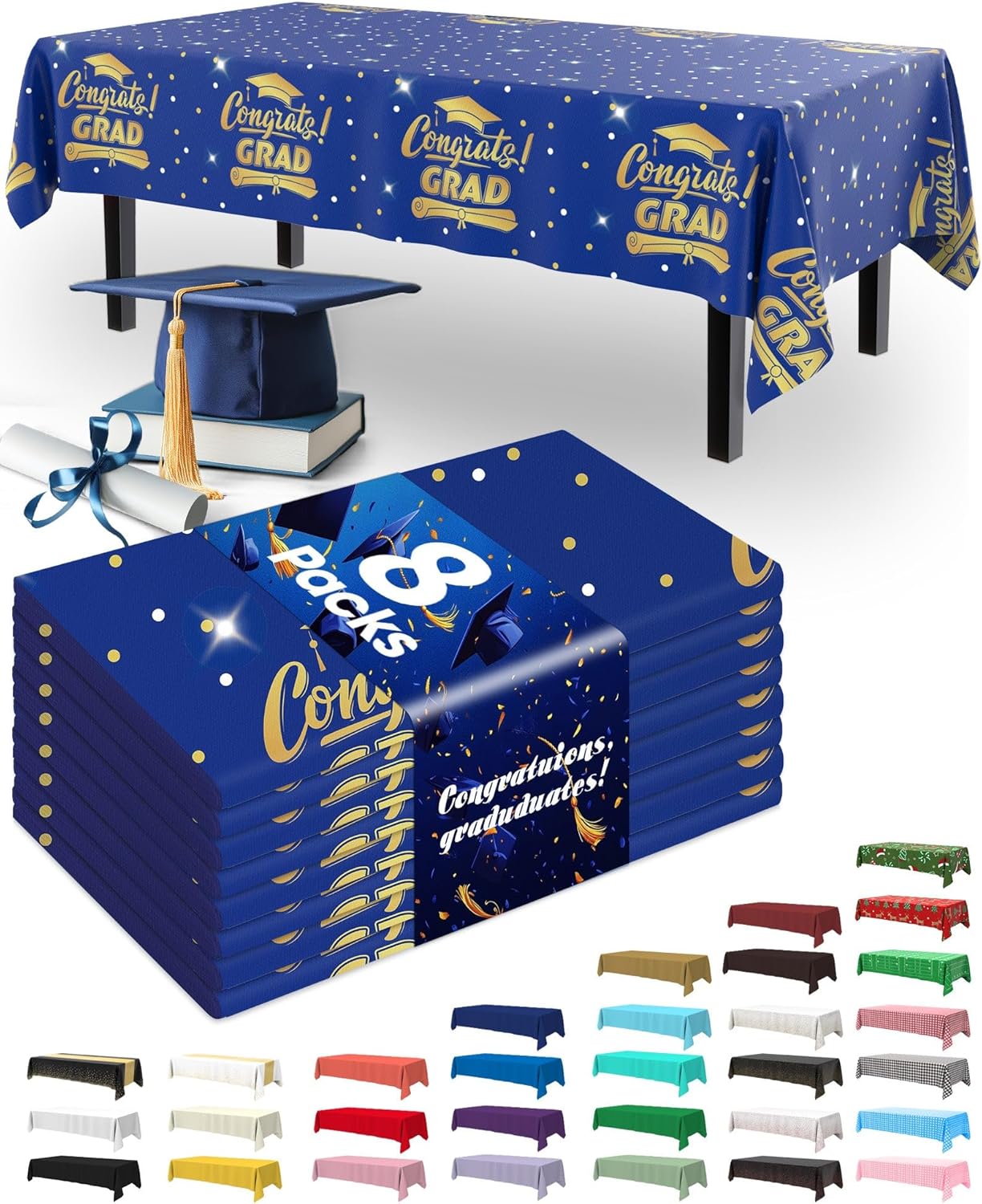 Pureegg Graduation Tablecloths - Disposable Plastic Covers for Class of 2026 | 54 x 108 Inch, Blue, 8 Pack