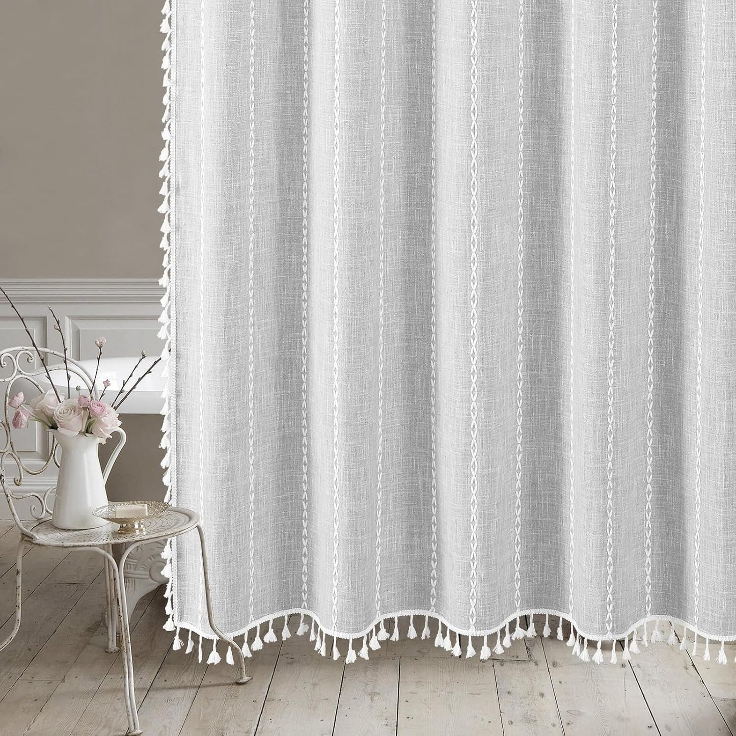 MitoVilla Grey Boho Farmhouse Shower Curtain Set - 36 x 72 Inch, Narrow Polyester Linen for Bathroom Decor