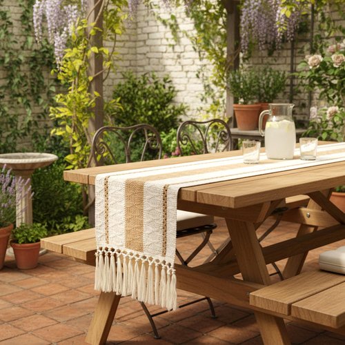 FEXIA Boho Table Runner for Hoilday Spring Home Decor with Tassels 72 Inches Long Pottery barn Furniture Farmhouse Rustic Macrame Burlap Table Decoration for Living Room (12x72 Inches)