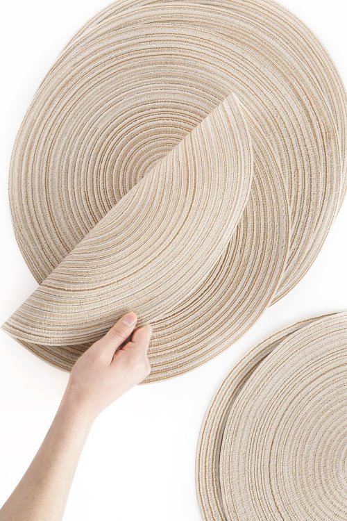Floroom 15 Inch Round Braided Placemats Set of 6, Washable Heat Resistant Cotton Polyester Circle Place Mats for Kitchen Dining Table - Canvas Beige