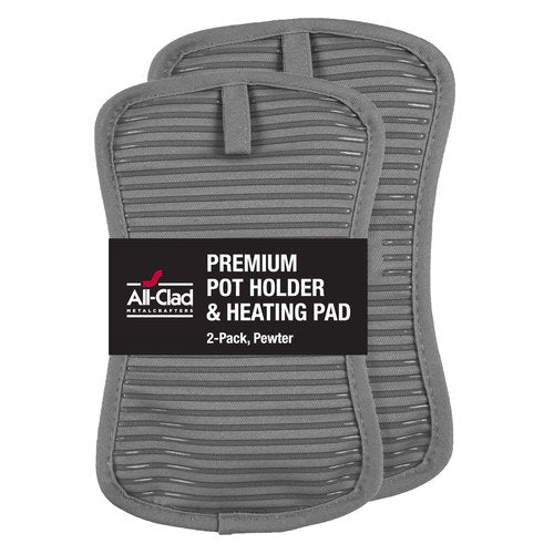 All-Clad Premium Pot Holder & Heating Pad, (2-Pack) Heat Resistant to 500 Degrees, 100% Cotton 10"x6.25" for Kitchen and Barbeque, Pewter