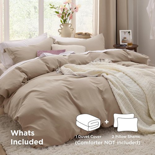 Bedsure Duvet Cover Set - Light Brown Full Size, Extra Soft Cotton-Like Bedding, 3 Pieces, 80x90 Inches
