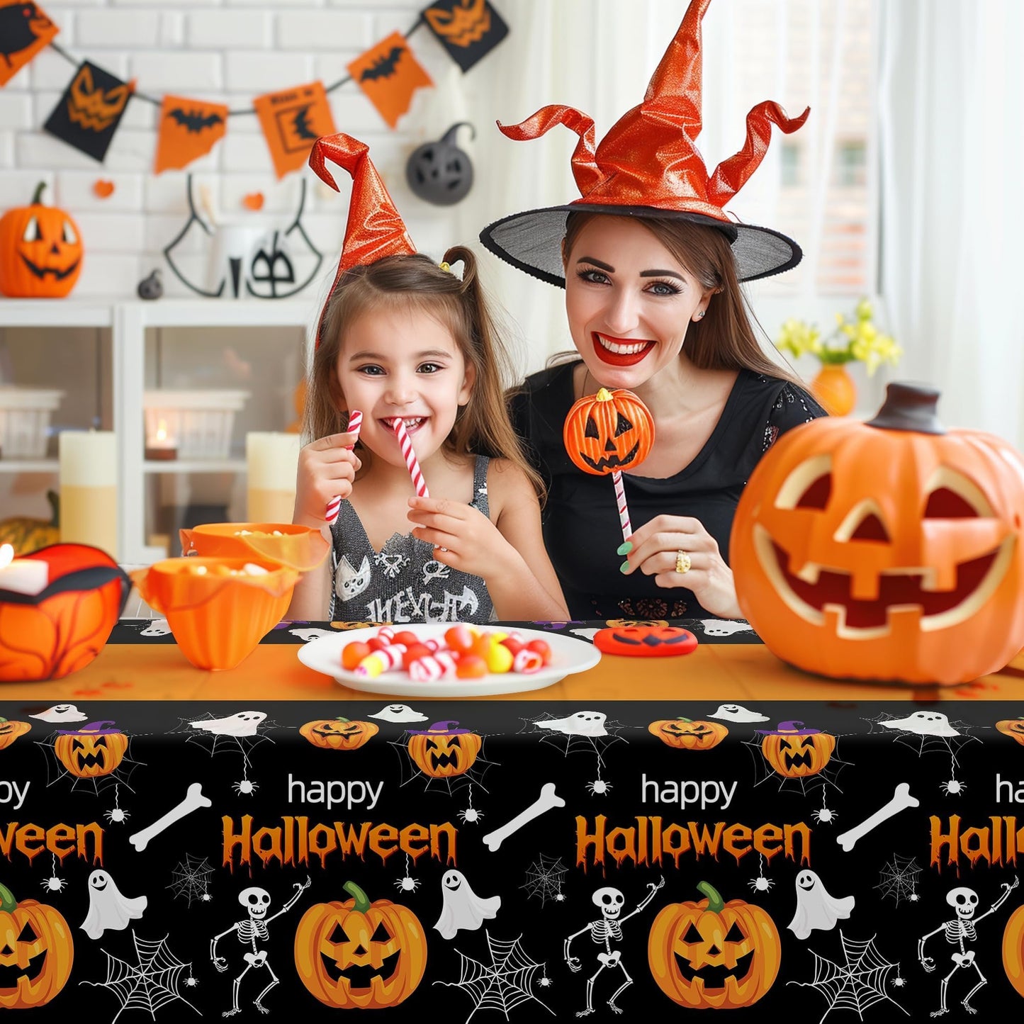 Childom 2 Pack Halloween Tablecloth,Halloween Decorations 54x108 Inch Disposable Plastic Table Cover for Rectangle,Pumpkin Spider Web Ghost Table Cloth for Home Indoor Outdoor Birthday Party Supplies