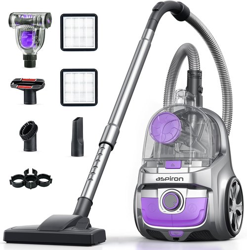 Aspiron Canister Vacuum Cleaner - 40Kpa Powerful Bagless Design | 4QT Dust Cup, Double HEPA Filter, Lightweight with 5 Tools - Mauve