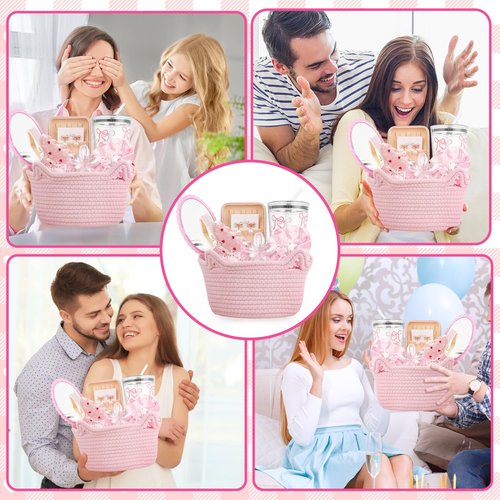 Hafublic 9Pcs Valentine's Day Basket Gifts for Her, Pink Woven Basket Birthday Gift Set Include Woven Basket, Cup, Earring, Flower Clip, Valentine Gift Stuffers for Mom Wife Daughter Teen Girlfriend