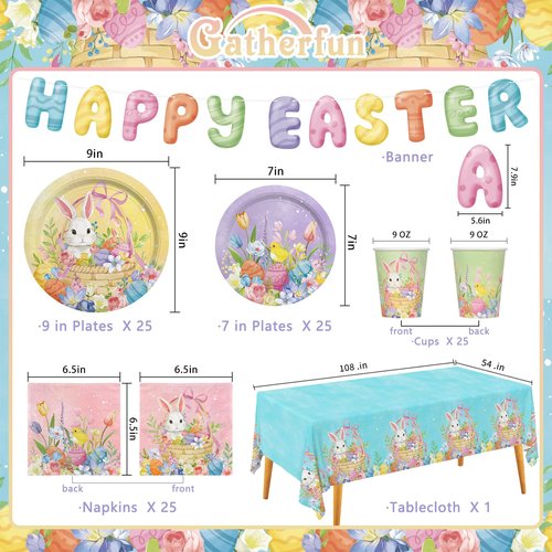 Gatherfun Happy Easter Supplies Kit for 25 Guests - Easter Bunny Decorations, Includes Dinner & Dessert Plates, Napkins, Cups, Banner and Tablecloth in Pink, Purple