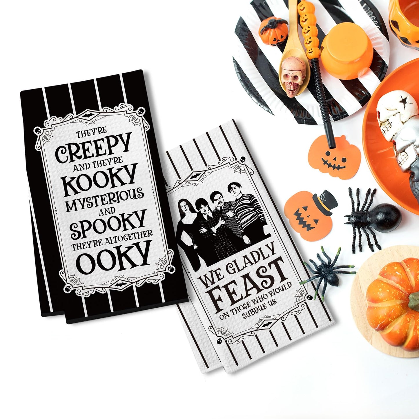 Cheroloven Halloween Kitchen Towels, Funny Addams Family Hand Towels, 2 Pack Gothic Dish Towels， Spooky Home Bathroom Decor Party Favors, Addams Family Merch Gifts for Women Men