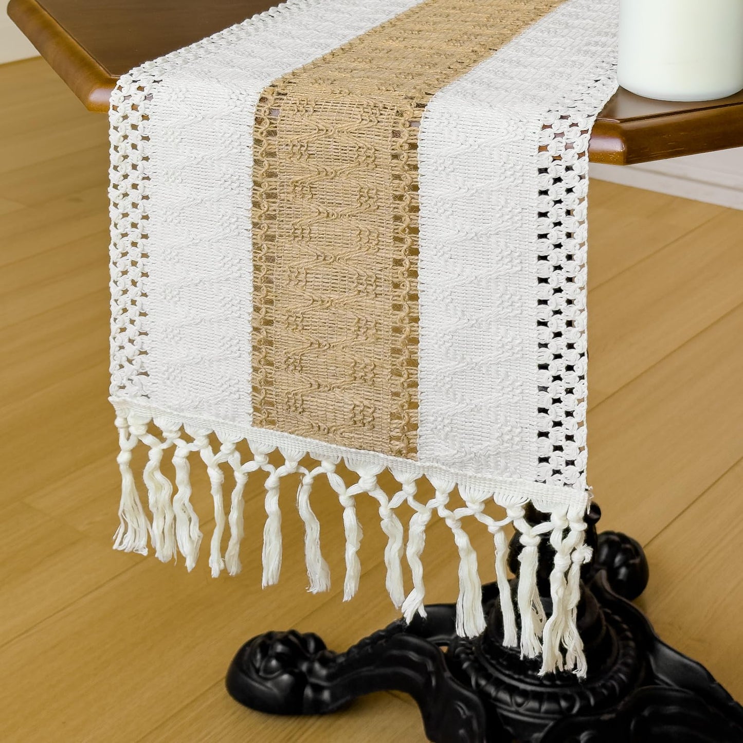 Vanzard Boho Table Runner for Spring Home Decor with Tassels 72 Inches, Farmhouse Rustic Cream & Brown Table Runners for Bohemian Kitchen Summer Dining Table(12x72in, Fringe Included)